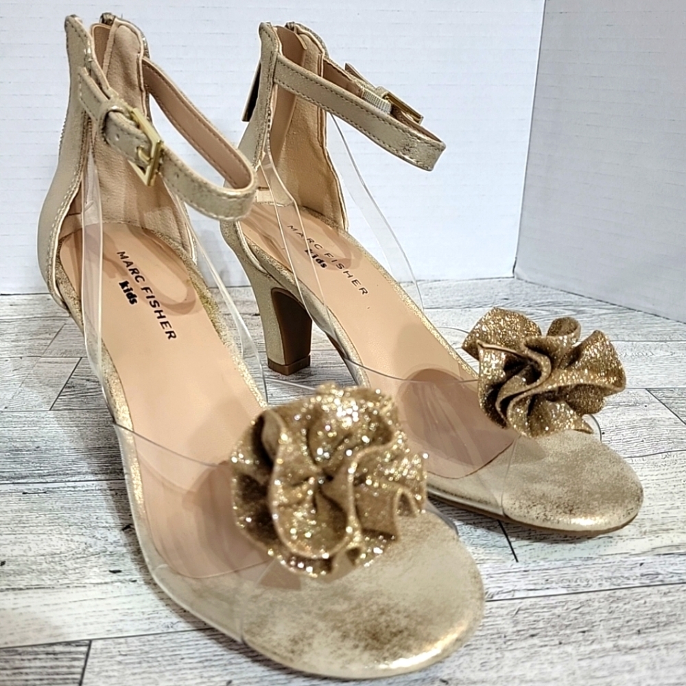 Marc Fisher Kids Size 2 Antique Gold Heel Gold Sparkle Pom Pom Zip Back NWO‎